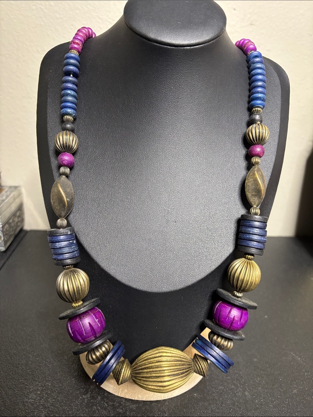 Vintage Mixed Media Handcrafted Beaded Statement Necklace Wood Metal